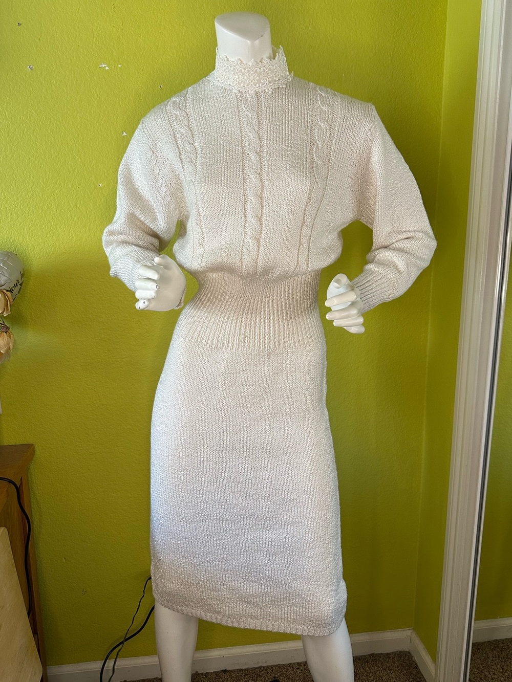 Vintage Gunne Sax Handloomed Knit Turtleneck Midi Dress with Lace Detailings